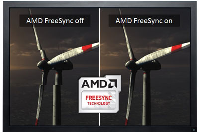 A monitor screen showing comparison of AMD FreeSync on and off
